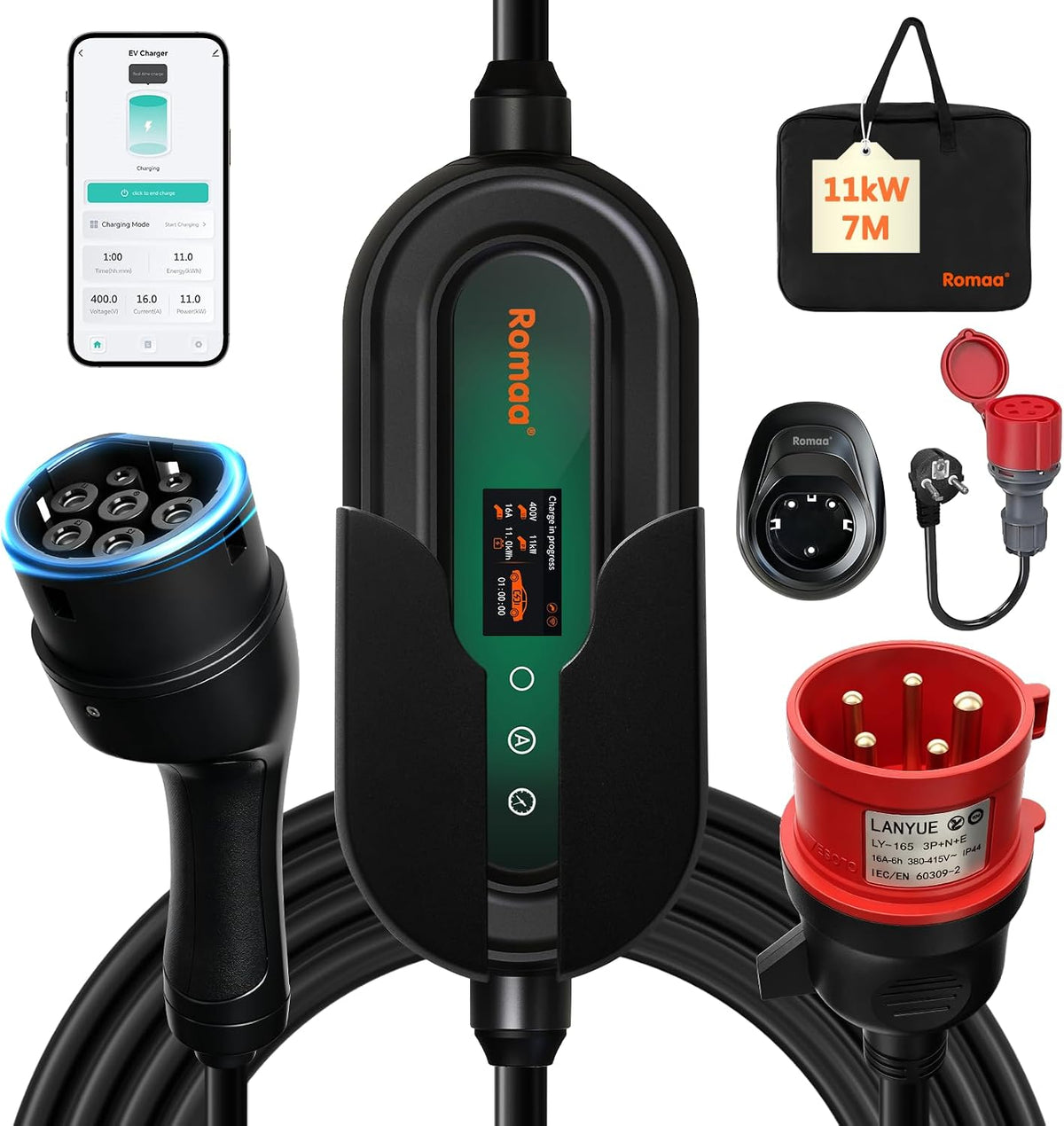 Romaa Ladestationen, 11 kW, Grau, Mobile Wallbox mit App, 9' LCD Ladegerät mit FI Schutzschalter