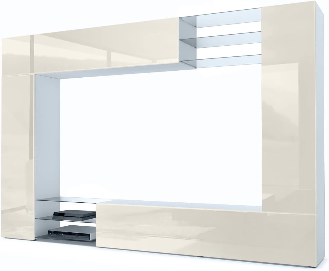 Wohnwand Vladon, 262 x 183 x 39 cm, Creme, Mirage, Made in Germany, Anbauwand mit Rückwand mit 2 Türen, 2 Klappen und 6 offenen Glasablagen