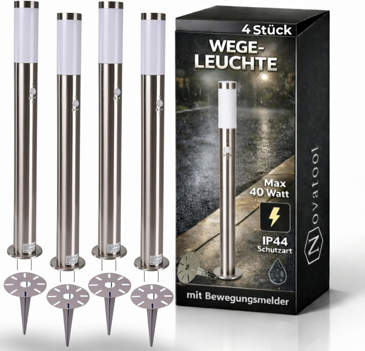 Novatool Wegeleuchten, 110 cm, Weiß, 4x Wegeleuchte I I mit Bewegungsmelder I mit Erdspieß I