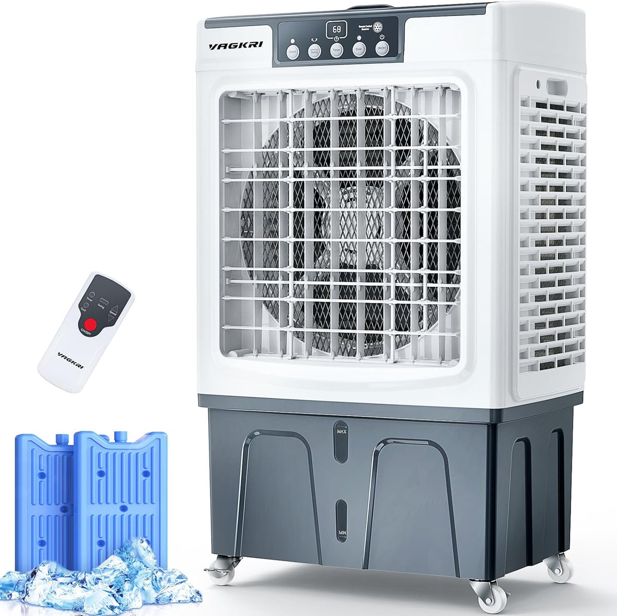 VAGKRI Mobiles Klimagerät, 30 l, Weiß/Grau/Blau, Luftkühler, 3-in-1-Verdunstungskühler, 120°-Oszillation, 24 Stunden und 3 Geschwindigkeitsstufen