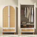 Kleiderschrank Gelukueub, 180x85x52 cm, Weiß/Natur, Garderobenschrank mit 2 Türen & Rattan, Landhausstil Weiß mit großer Schublade