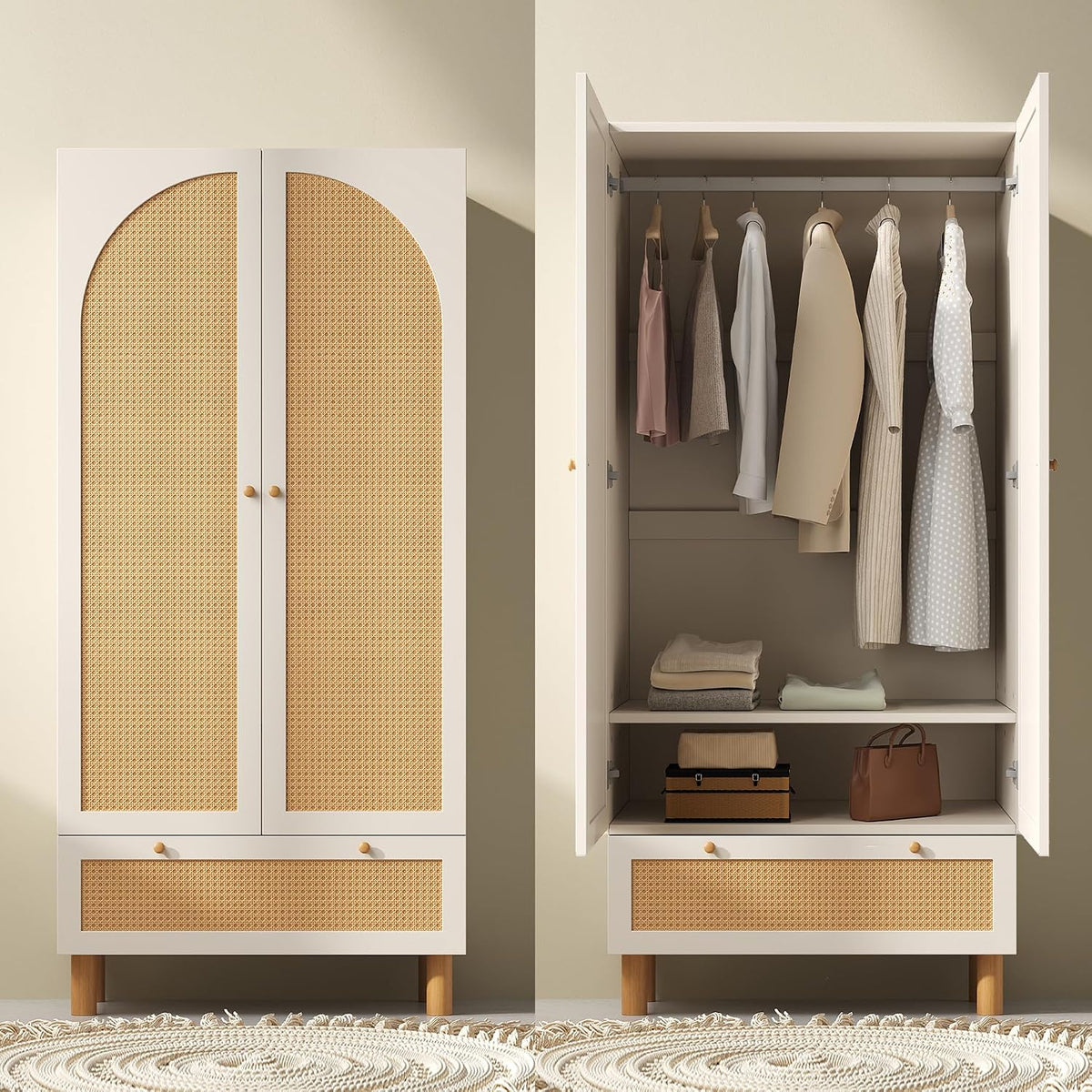 Kleiderschrank Gelukueub, 180x85x52 cm, Weiß/Natur, Garderobenschrank mit 2 Türen & Rattan, Landhausstil Weiß mit großer Schublade