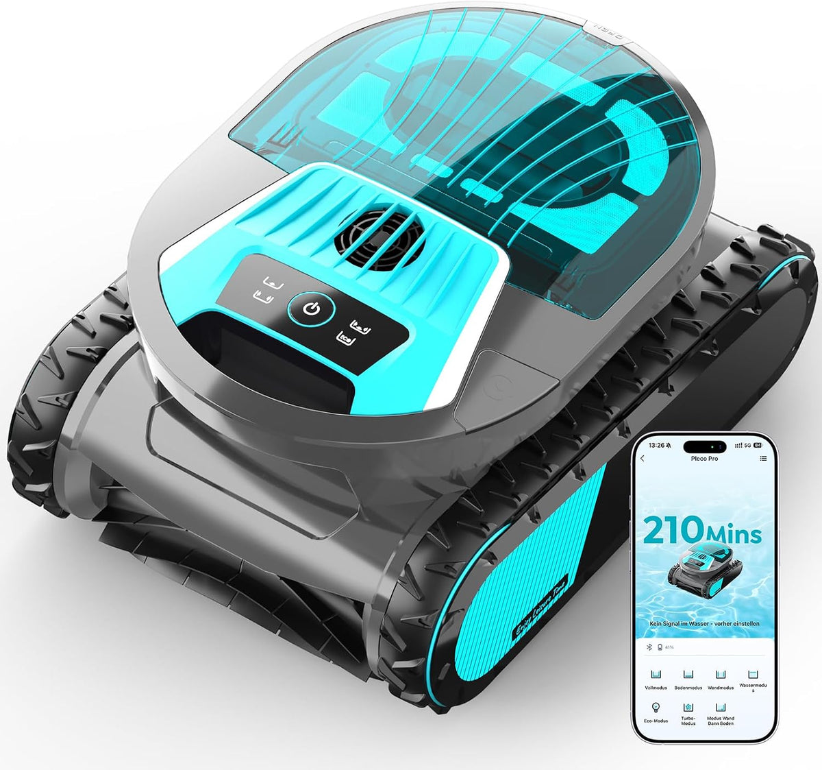 BRINBO Poolroboter, 200 m, Schwarz, (2026 Upgrade) Pleco Pro Akku Wand und Boden, Wasserlinie, 210 Min. Betriebszeit