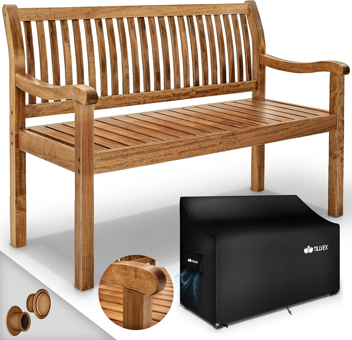 tillvex Sitzbank, 125 cm, Natur, Gartenbank Holz 3-4 Sitzer inkl. Abdeckung wetterfest