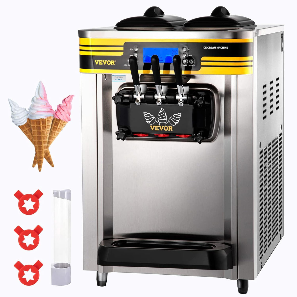 VEVOR Eismaschine, 30 L, Silber/Schwarz, Kommerzielle Soft 22- /h Profi- mit LCD-Display, 3 Geschmacksrichtungen