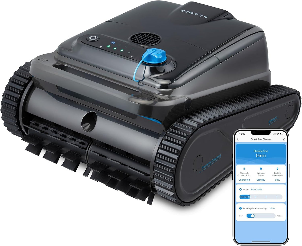 KLAMER Poolroboter, 110 W, 200 m, Schwarz, Akku Kabellos, Wand & Boden, 150 M