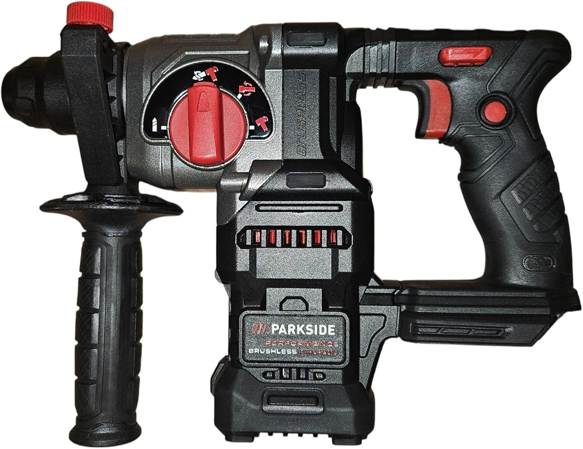 HKM Akku Technik Bohrhämmer, 4,0 Ah, Schwarz/Rot, Parkside PERFORMANCE Brushless Motor Kombihammer 20 Volt, Ladegerät und Koffer