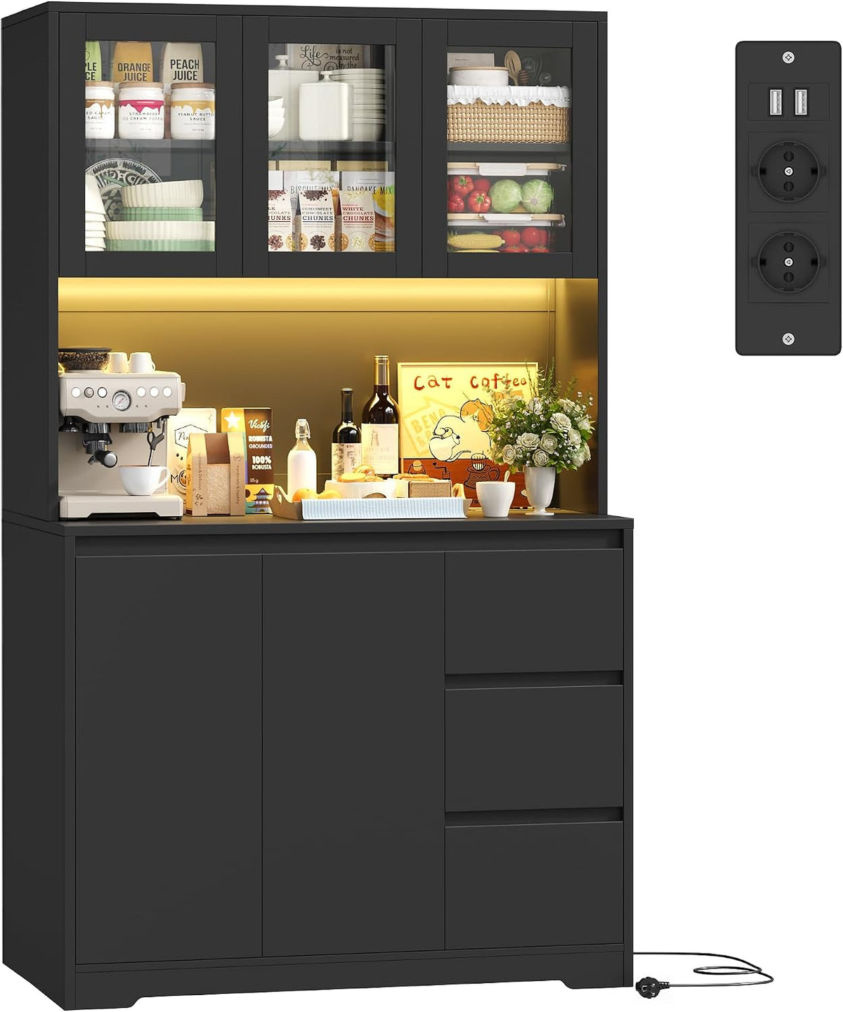 FirFurd Buffetschrank, Schwarz, Küchenschrank mit LED & Steckdosenleiste