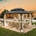 UDPATIO Pavillon, 6x6 cm, Schwarz/Beige, 3x4 m Polycarbonat Doppeldach mit Vorhängen, Wetterbeständige Legierungen-Garten wasserdicht stabil