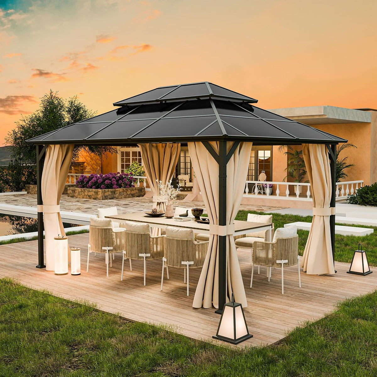 UDPATIO Pavillon, 6x6 cm, Schwarz/Beige, 3x4 m Polycarbonat Doppeldach mit Vorhängen, Wetterbeständige Legierungen-Garten wasserdicht stabil
