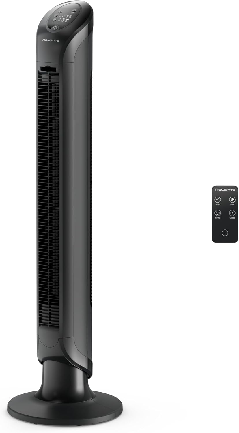 Rowenta Ventilator, schwarz, Turm, Oszillierender 180°, Leiser Boden für Schlafzimmer, 3 Geschwindigkeiten, leistungsstarker Stand