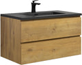 Badplaats B.V. Waschplätze, 90 cm, Schwarz/Eiche, Badezimmer Badmöbel Set Angela - Schwarzes Waschbecken