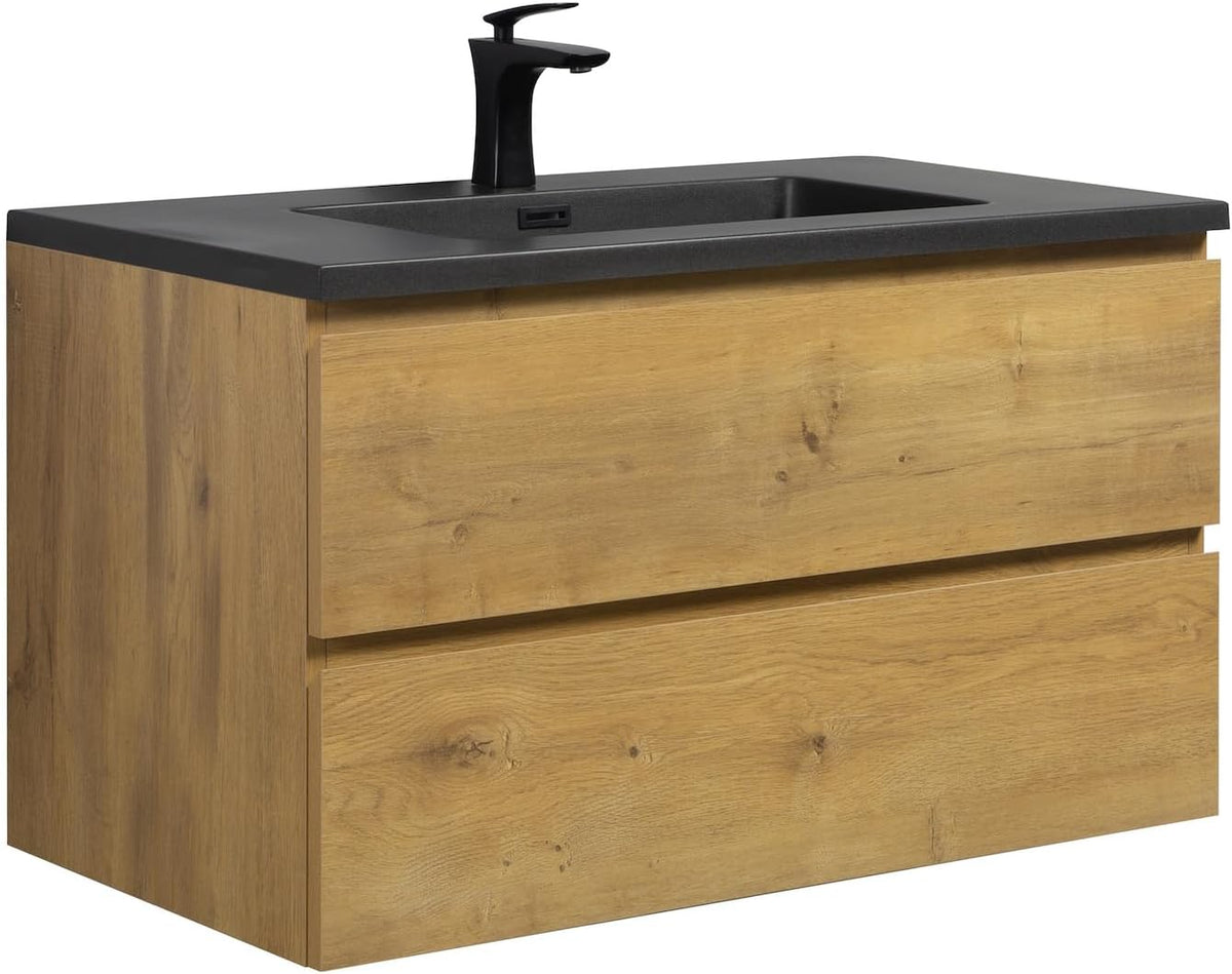 Badplaats B.V. Waschplätze, 90 cm, Schwarz/Eiche, Badezimmer Badmöbel Set Angela - Schwarzes Waschbecken