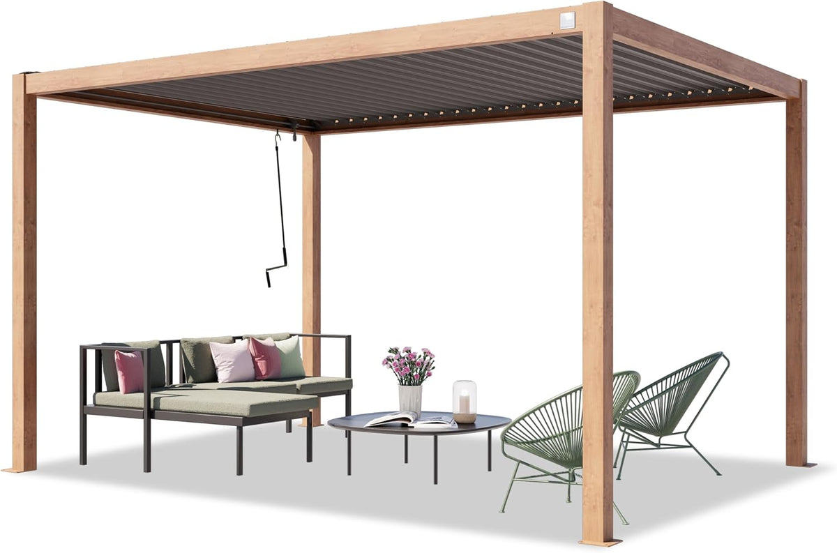 TOOLPORT Pavillon, Holzoptik/Schwarz, PRIMEYARD Pergola 3x4 m Aluminium-Pfosten in Holzoptik