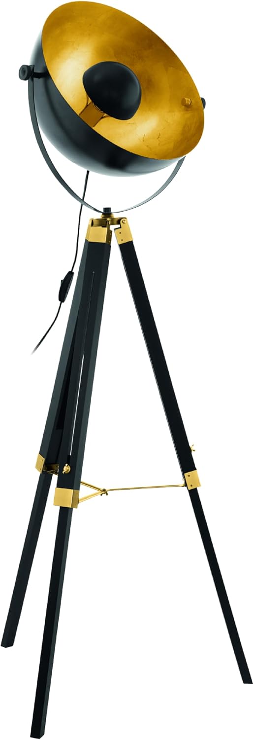 EGLO Standleuchten & Deckenfluter, Schwarz/Gold, Stehlampe Covaleda, Stehleuchte Industrial, Vintage Standleuchte aus Holz und Stahl