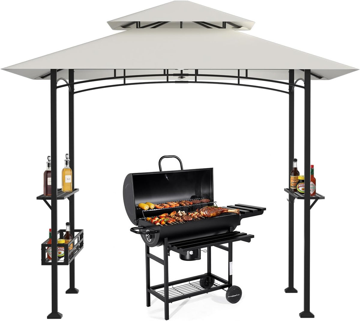 Eikuavons Pavillon, 238 x 148 x 242 cm, Schwarz/Cremeweiß, Grill, BBQ mit Doppeldach, 2 Seitenablagen, Ablagekorb