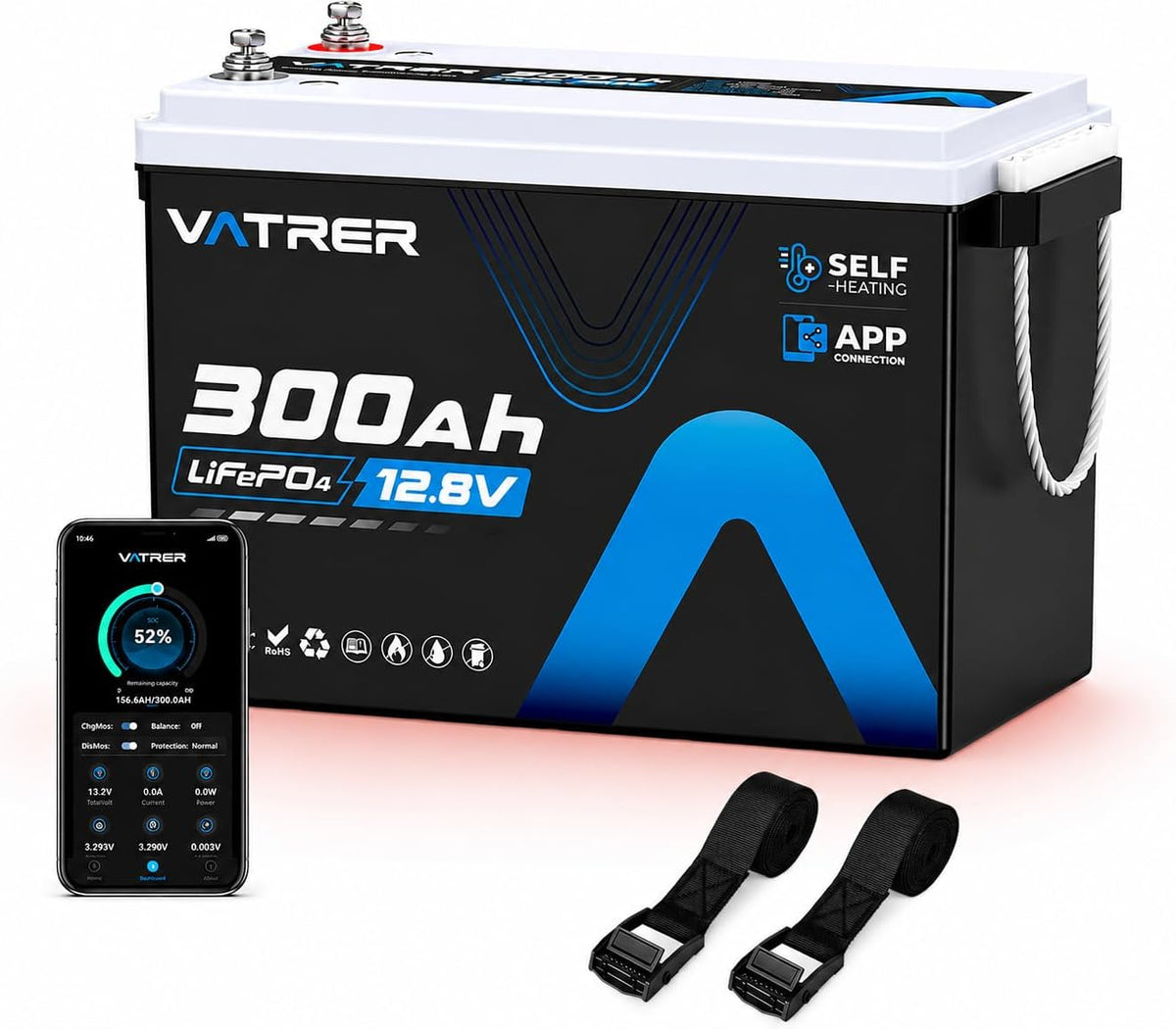 VATRER POWER Deep-Cycle-Batterien, 300 Ah, 12 V, Weiß, LiFePO4 Batterie mit Selbstheizung, ECE R10