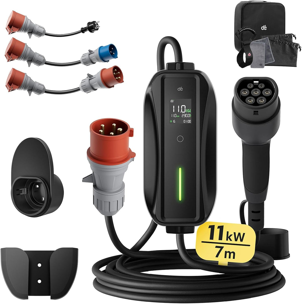 dé Ladestationen, 11 kW, 7m, Schwarz/Rot/Grau/Blau, Mobile Wallbox/Ladestation [3-phasig, 6-16A] mit Traveller Adapter Set