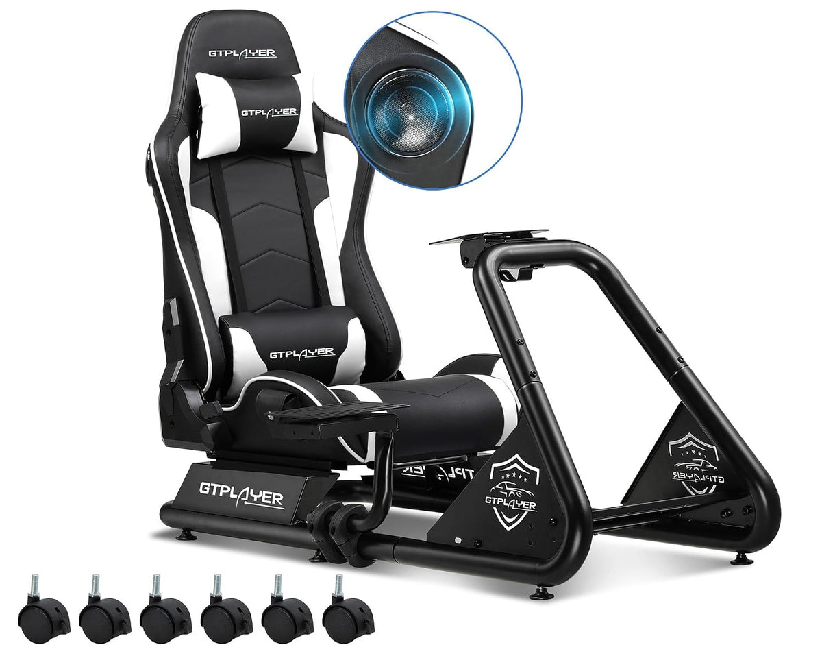 GTPLAYER Audiogerät, Schwarz/Weiß, Simulator Cockpit, SIM Racing Cockpit, rennsimulator lenkradständer mit Lautsprechern