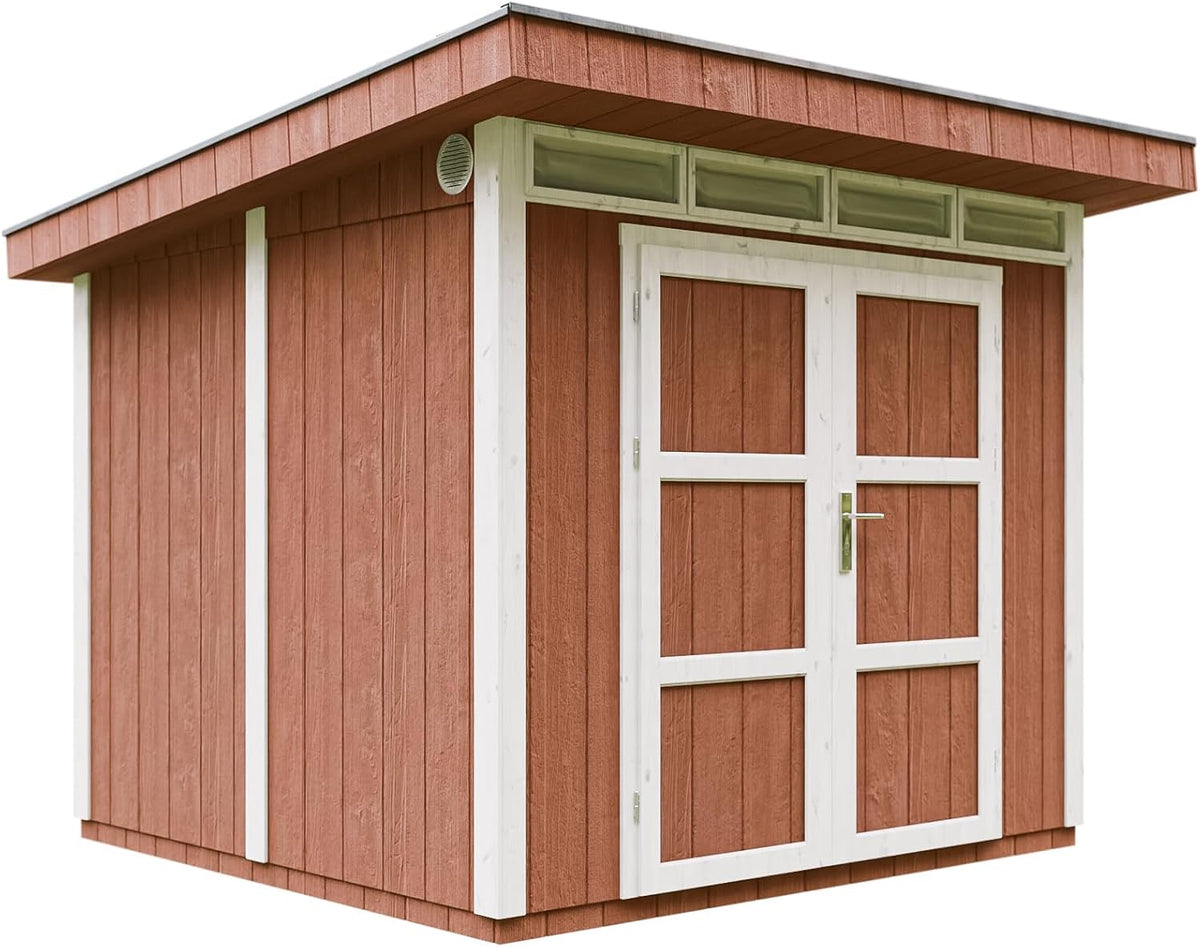 Gerätehaus TIMBELA, 5,9m, Rot/Weiß, Gartenhaus Qualität ² - L279xW293 cm-, Bitumen-Dachziegeln