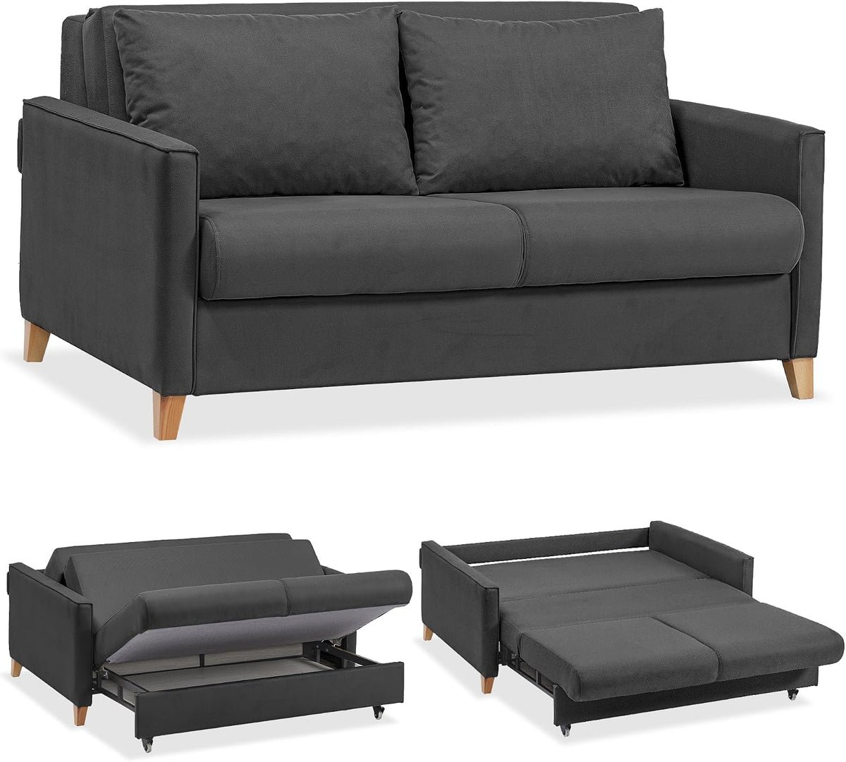 Sofa EVERGREENWEB MATERASSI & BEDS, Anthrazit, Schlaf mit Bettkasten, Umwandelbar 2-Sitzer Couch Ausziehbarer Chaise Longue