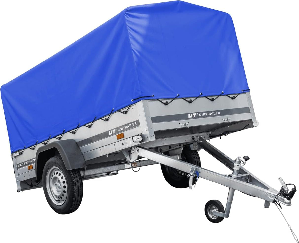 UNITRAILER Anhängerkupplungen, 750 kg, Weiß, Auto Anhänger 230x125 Garden Trailer 230 Kipp mit Stützrad, Blauer Hochplane und Hochspriegel