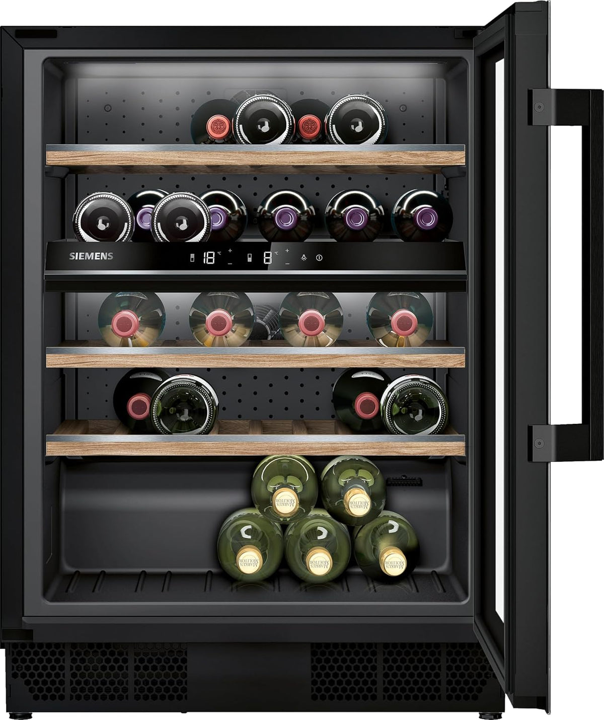 Siemens Weinkühlschrank, 82 x 60 cm, 120 L, Schwarz, KU21WAHG0 iQ500, 44 Flaschen, Temperatur: 5-20 °C, Zwei separat gesteuerte Temperaturzonen