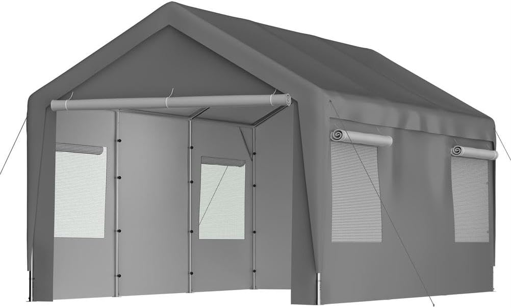 Mixtric Carports, Grau, Carport Garage Zelt, Winterfest Mit Roll-Up-Fenster, Abnehmbare Seitenwände Und Dach, Lagerzelt