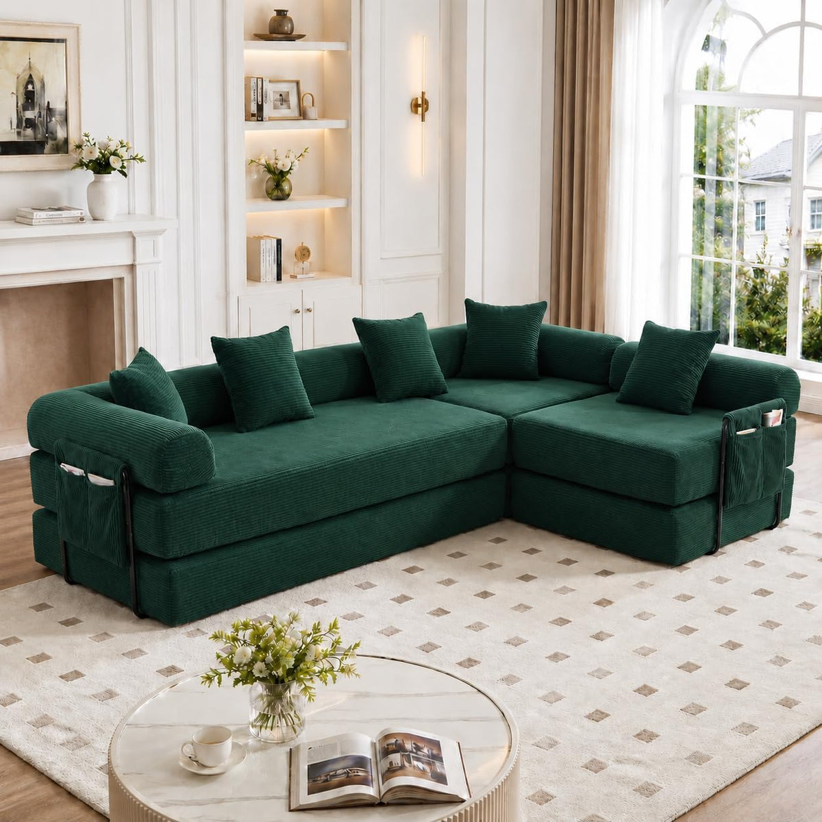 ZIDEY Sofa, Weiß, Schlaf, Module mit Schlaffunktion, Bett ausziehbar mit Stauraum und 5 Kissen, Schlafcouch, Klapp