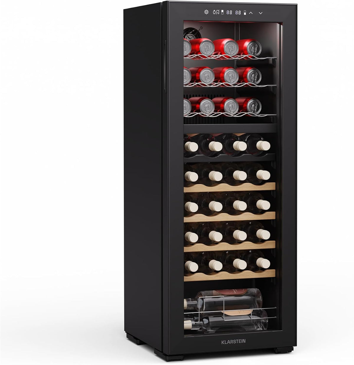 Klarstein Weinkühlschrank, Schwarz, Bovella 36 Duo+, 36 Flaschen, 2 Zonen, 18°C, Touch-Bedienung, LED-Beleuchtung