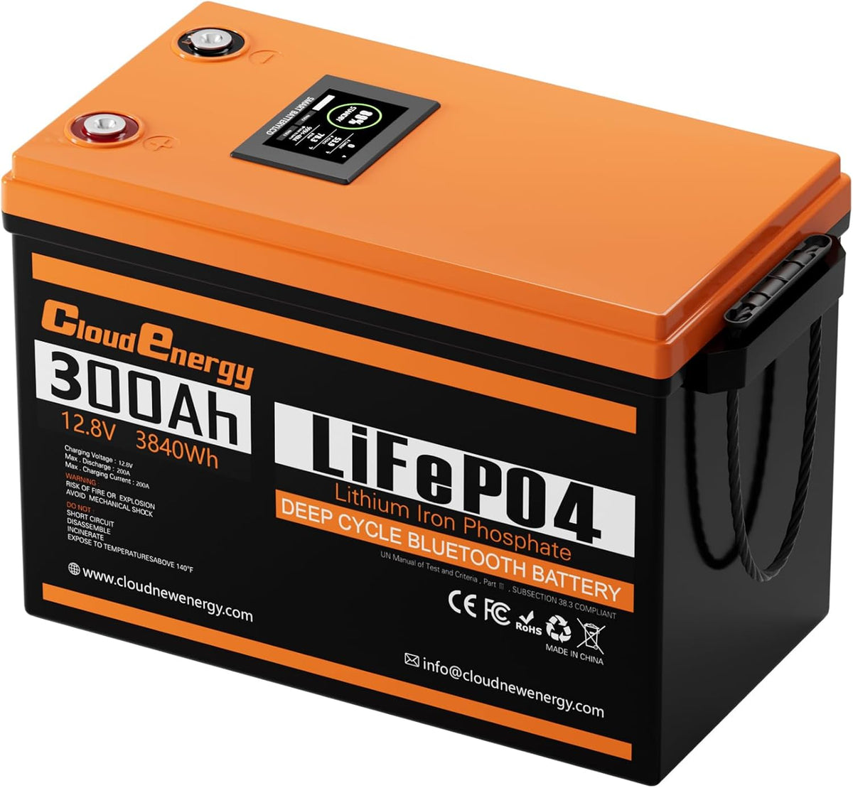 Cloudenergy Akkus, 3840 Wh, 12.8 V, 300 Ah, Schwarz/Orange, LiFePO4 Li-Ion Akku, 200A Bluetooth BMS mit Touchscreen. Zyklenzahl 6000 +
