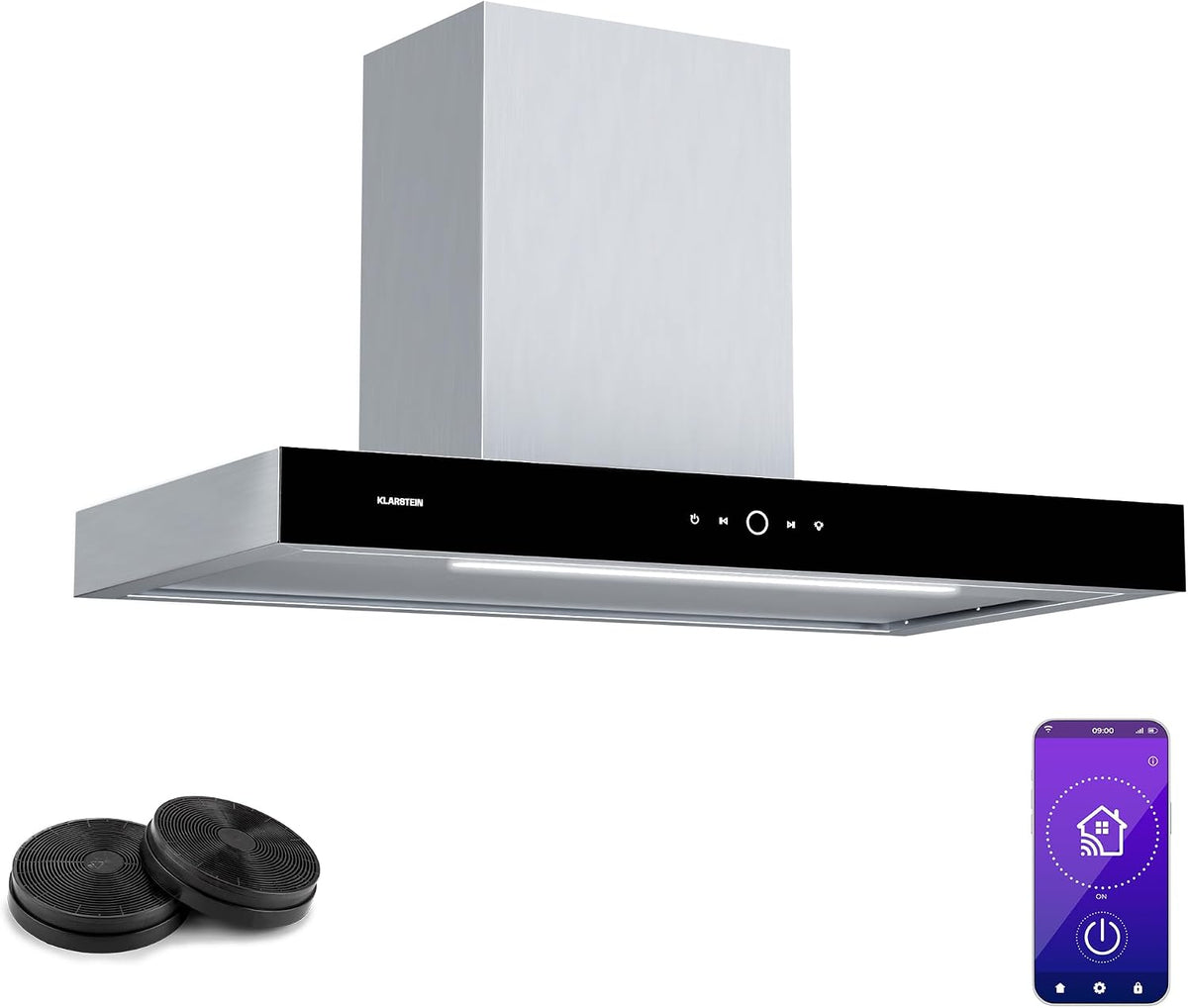Klarstein Dunstabzugshaube, 90 cm, 530 m, 34 dB, Silber, SmartEdge - Wandhaube, WLAN- & Touch-Steuerung, ³/h Luftdurchsatz