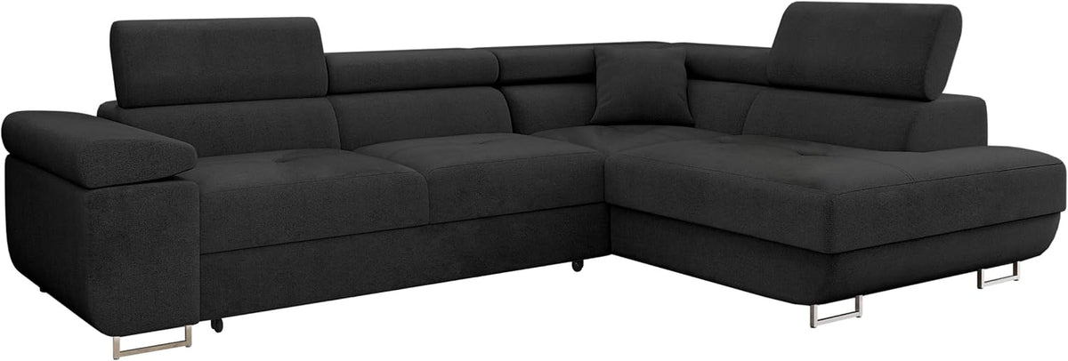 Sofa Mirjan24, Schwarz, Eck Torezio mit Bettkasten, Einstellbare Kopfstützen, mit Schlaffunktion, Eckcouch für Wohnzimmer