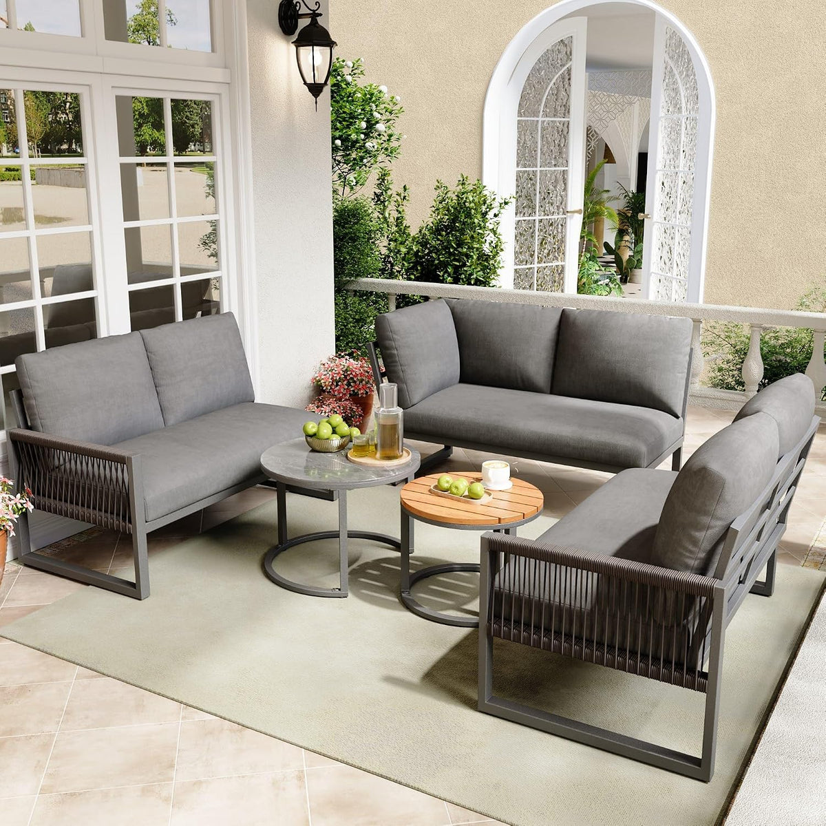 Sofa Lahoomu, Grau, Garten-Lounge-Set, Möbelset für 6-7 Personen, Eck mit verzinktem Eisengestell, verstellbare Beine