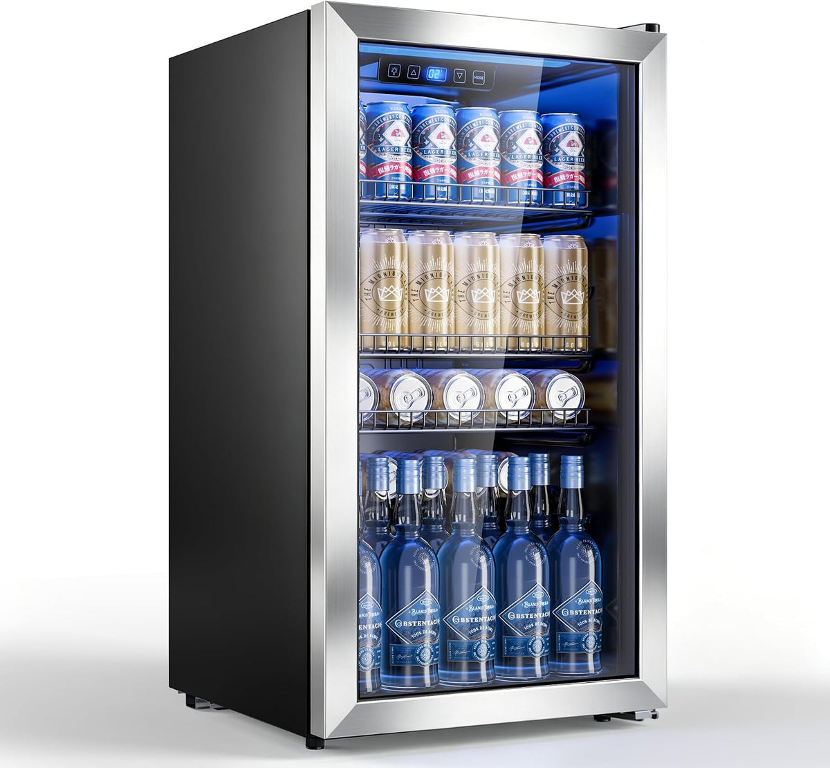 TRIUMPHKEY Getränkekühlschrank, 90 L, Weiß, mit Glastür und Silberrahmen, 128 Dosen Fassungsvermögen, verstellbare Ablagen für Bier