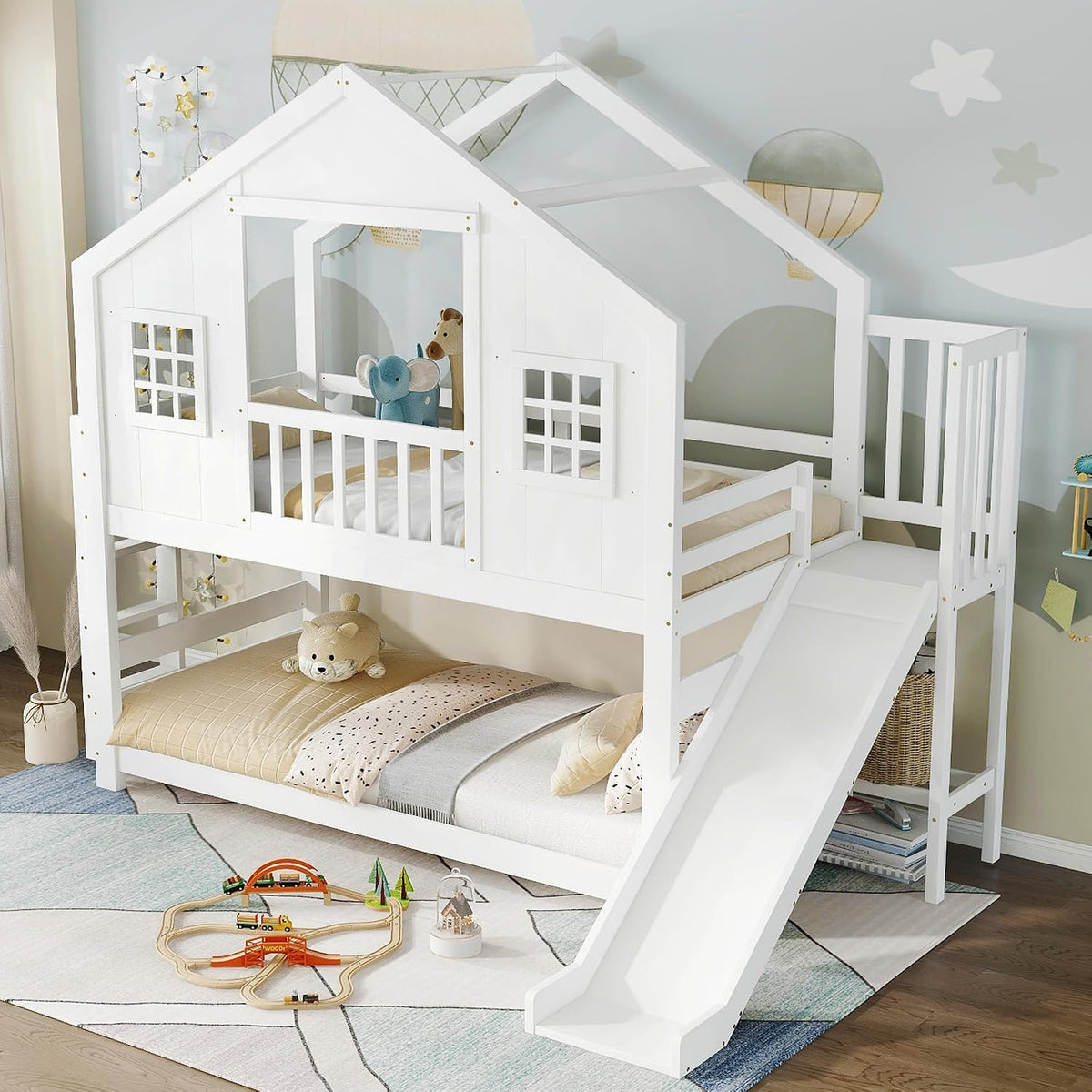 MYBOO Bett, Weiß, Kinder Etagen 90x200, Hoch Haus mit Rutsche&Leiter&Fenstern&Dach, Stock Doppel Holz Jugend gestell