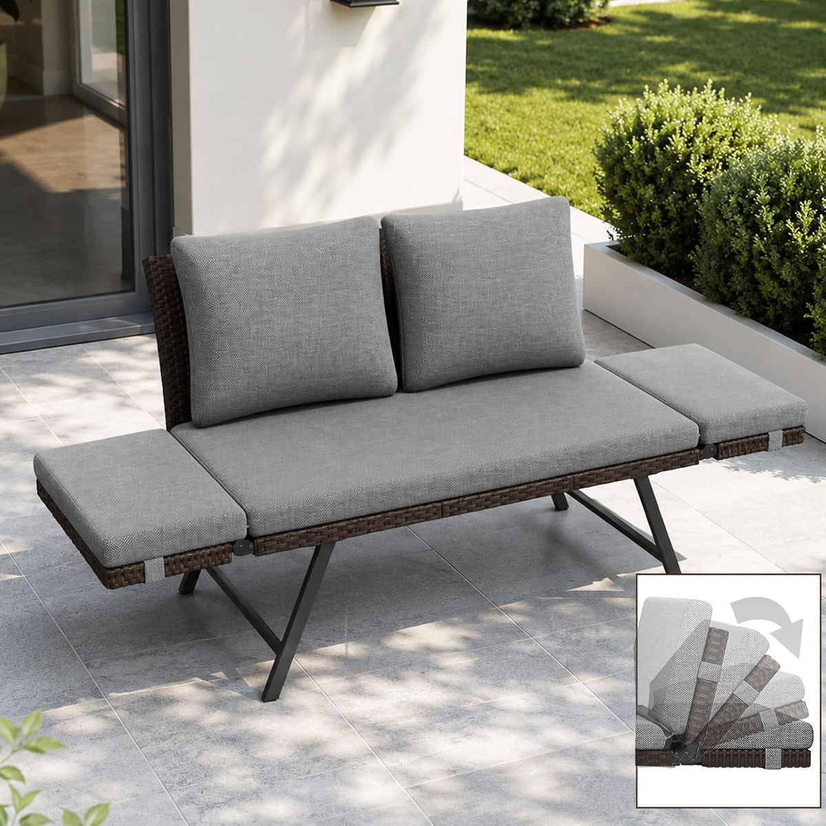 Fiutazge Sitzbank, Grau, Polyrattan Loungesofa 2 Personen Kissen, Outdoor Daybed Gartenliege mit Verstellbare Armlehnen