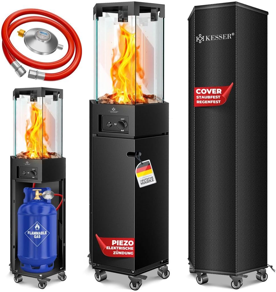 KESSER Heizstrahler, 8 kW, Schwarz, Gas 4/ Gas Piezozündung Heizung + Gasdruckregler + Cover, 360° Rollen Kippschutz