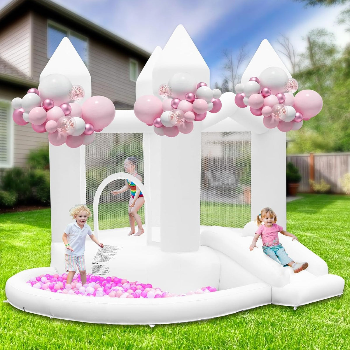 FBSPORT Hüpfburgen, Weiß/Rosa, Weiß Hüpfburg Kinder mit Gebläse, Indoor & Outdoor mit Rutsche, Großer Ball Pit
