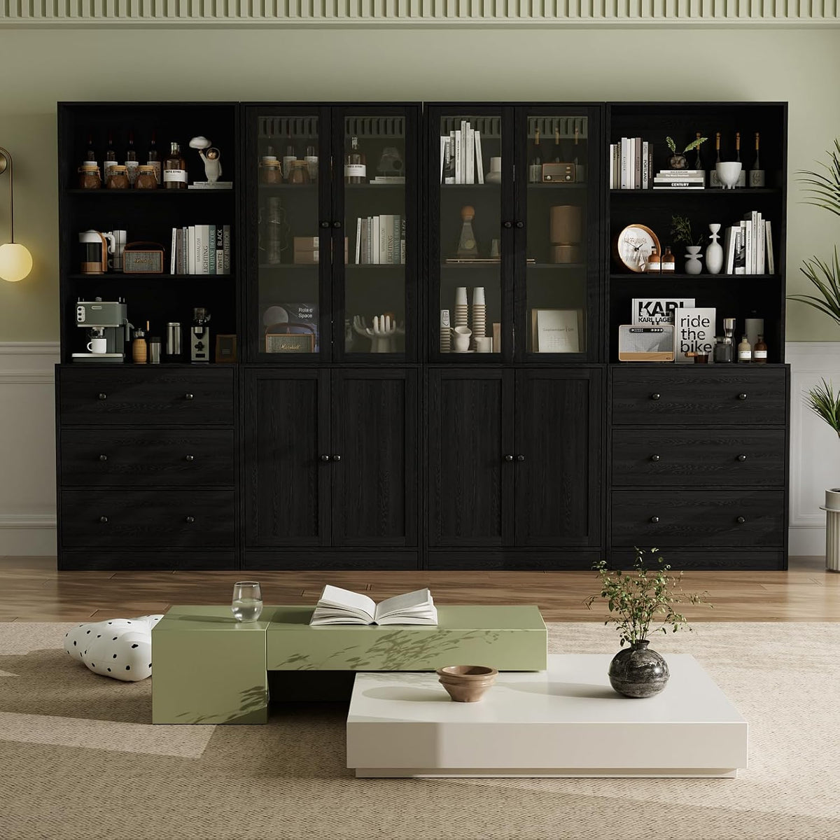 VOWNER Bücherregal, 180 cm, Schwarz, 5-stöckiges mit Glastüren, Vitrinenschrank, Küchenschränke, Küchenschrank Hochschrank