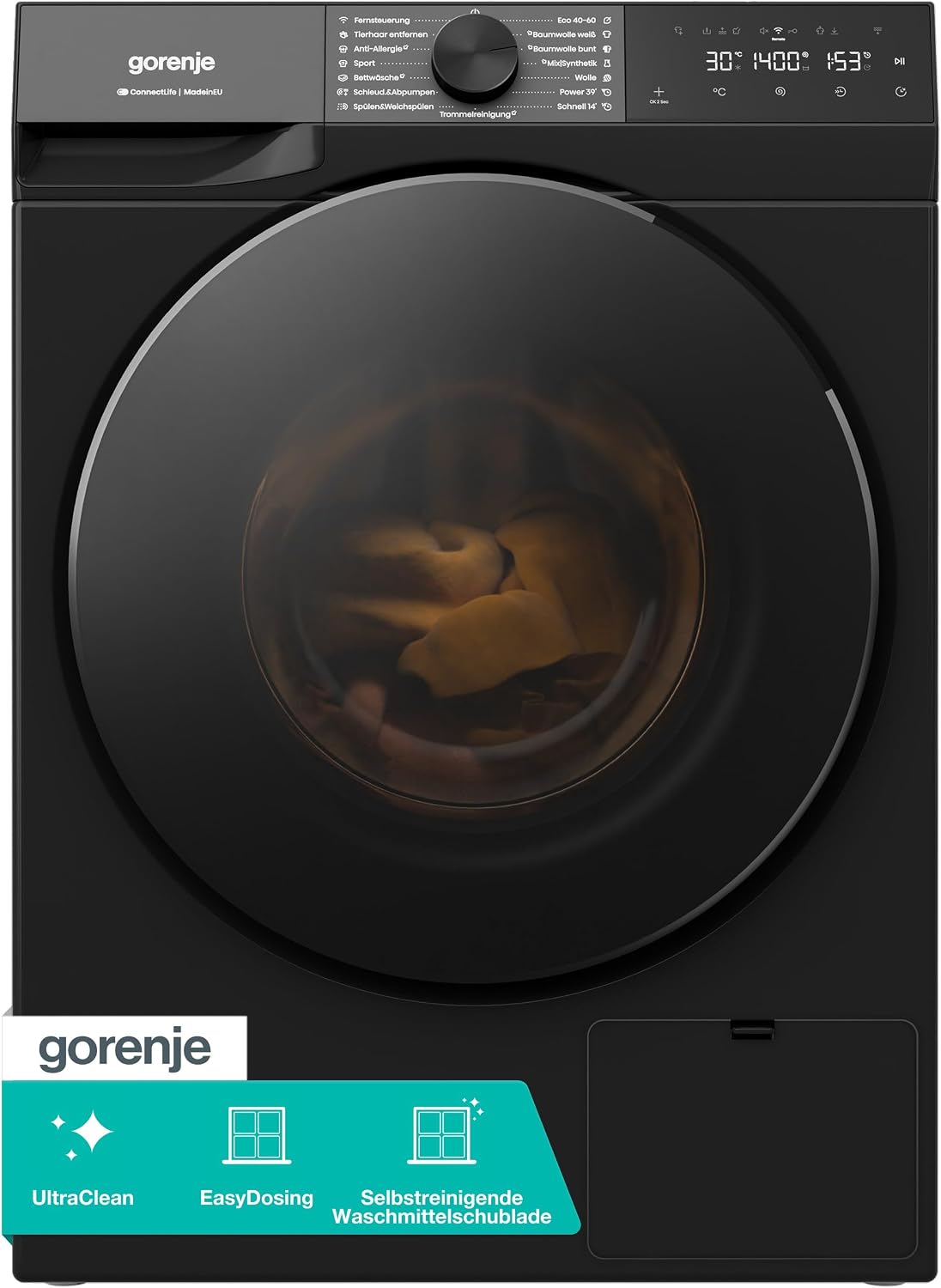 Gorenje Waschmaschine, 9 KG, Schwarz, W53G494A1P1B mit Dampffunktion / /1400 U-Min/ConnectLife