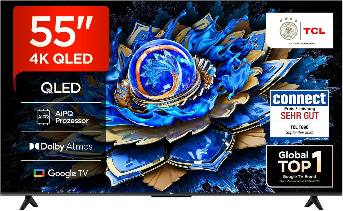 TCL Fernseher, 55 Zoll, Schwarz, 55T69C QLED, Direct LED TV, 4K HDR TV, Smart Google TV (Dolby Vision & Atmos, Game Master