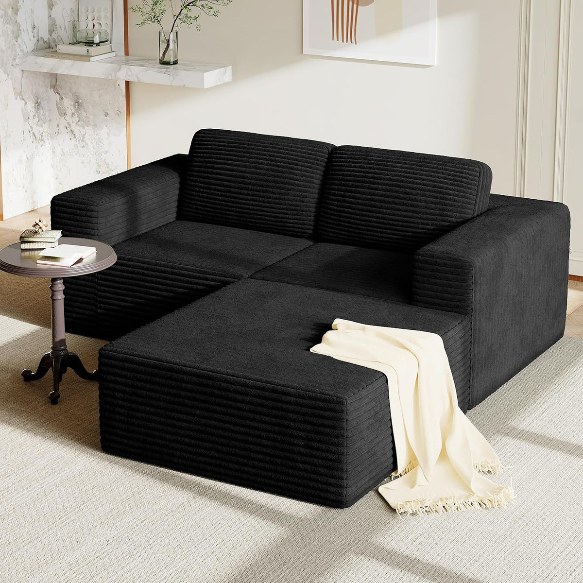 Sofa Vesgantti, 202 cm, Schwarz, Modulares Eck L-Form, 2-Sitzer Cord mit Federkern, Extra Tiefe Sitzfläche, Komfortables Polster mit Ottomane