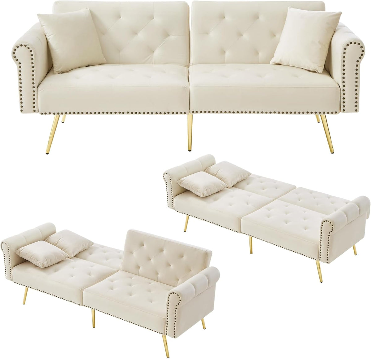 Sofa Lontl, Beige, Schlaf 2 Sitzer mit Schlaffunktion, Verstellbares aus Samt, Schlafcouch klappbar & platzsparend