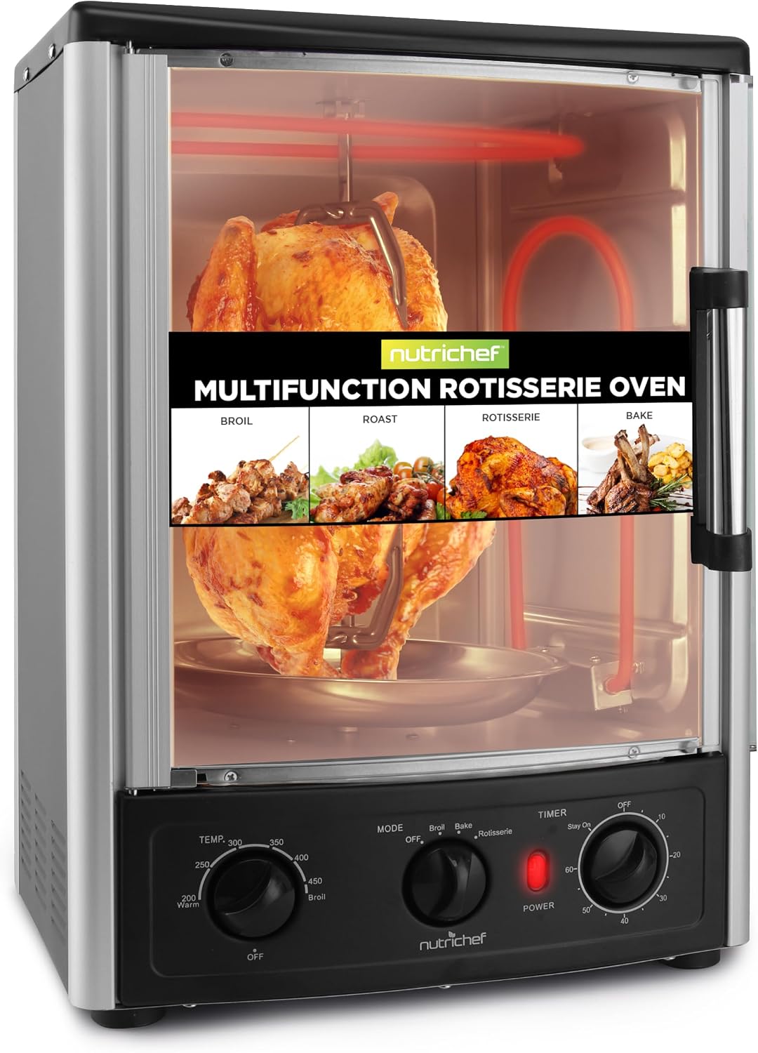 Nutrichef Backofen, 23 L, Schwarz/Silber, Heißluft-Multiofen mit Drehspieß, Mini- mit Umluft und Grillfunktion Dönergrill für Zuhause