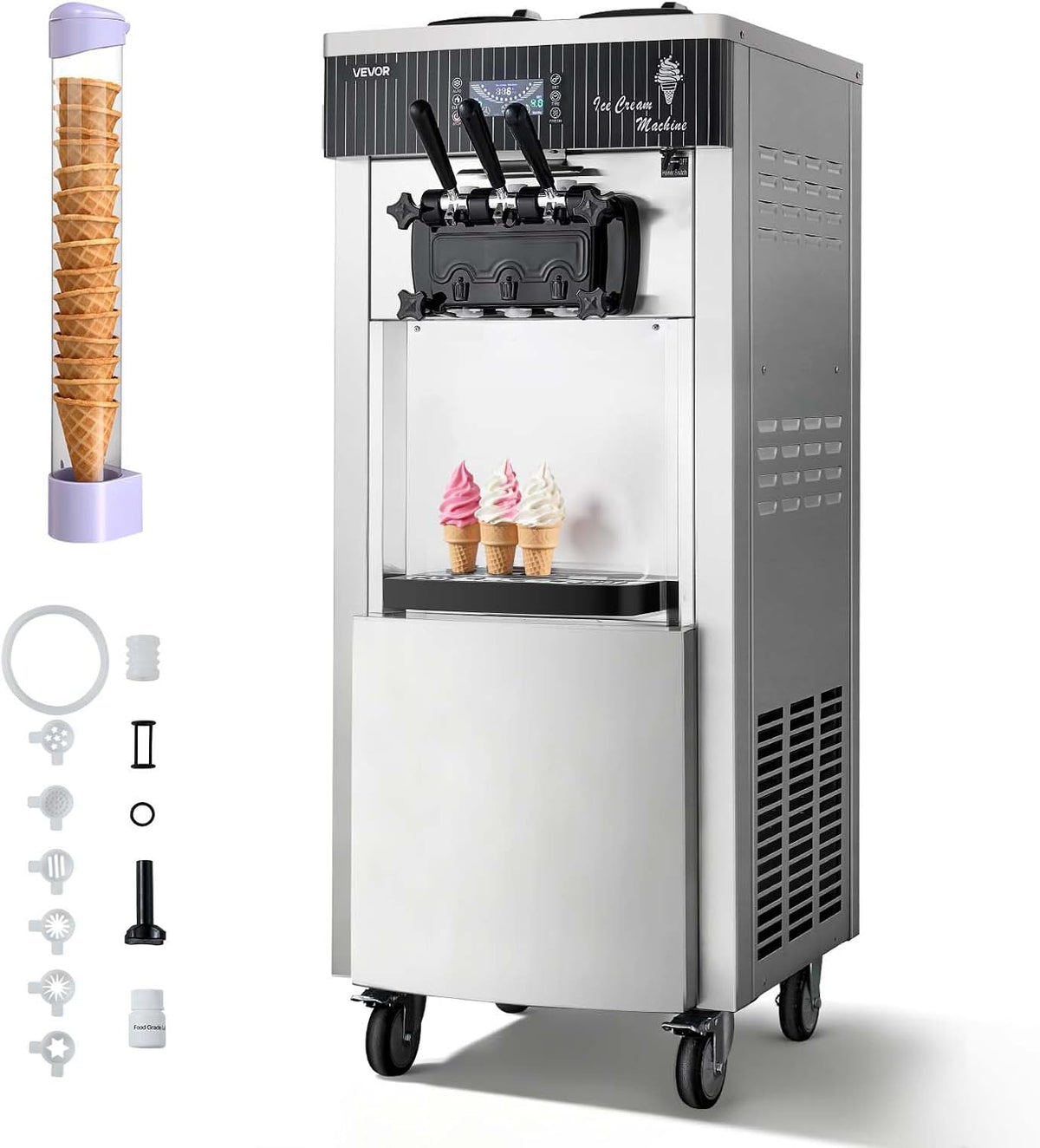 VEVOR Eismaschine, 2200 W, 28 L, 6 L, Silber/Schwarz, Kommerzielle Soft, freistehend mit 20- /h Produktion