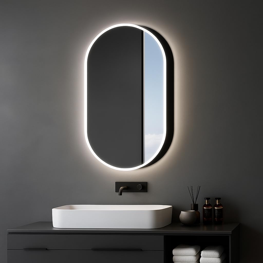 Talos Spiegelschränke, 45x80 cm, schwarz, LED Spiegelschrank matt Aluminium umlaufende LED-Beleuchtung, Hintergrundlicht