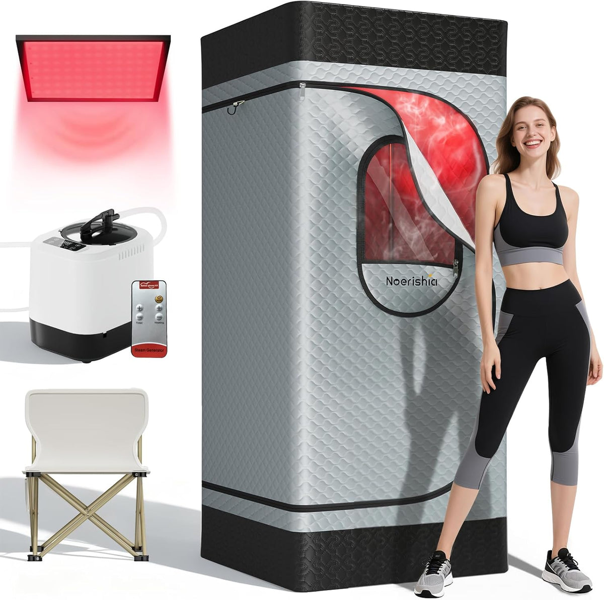 noerishia Dampfglätter, 1200 W, 3 L, Grau/Schwarz/Weiß, Big Folding Chair, 99 Mins Timer, 9 Levels