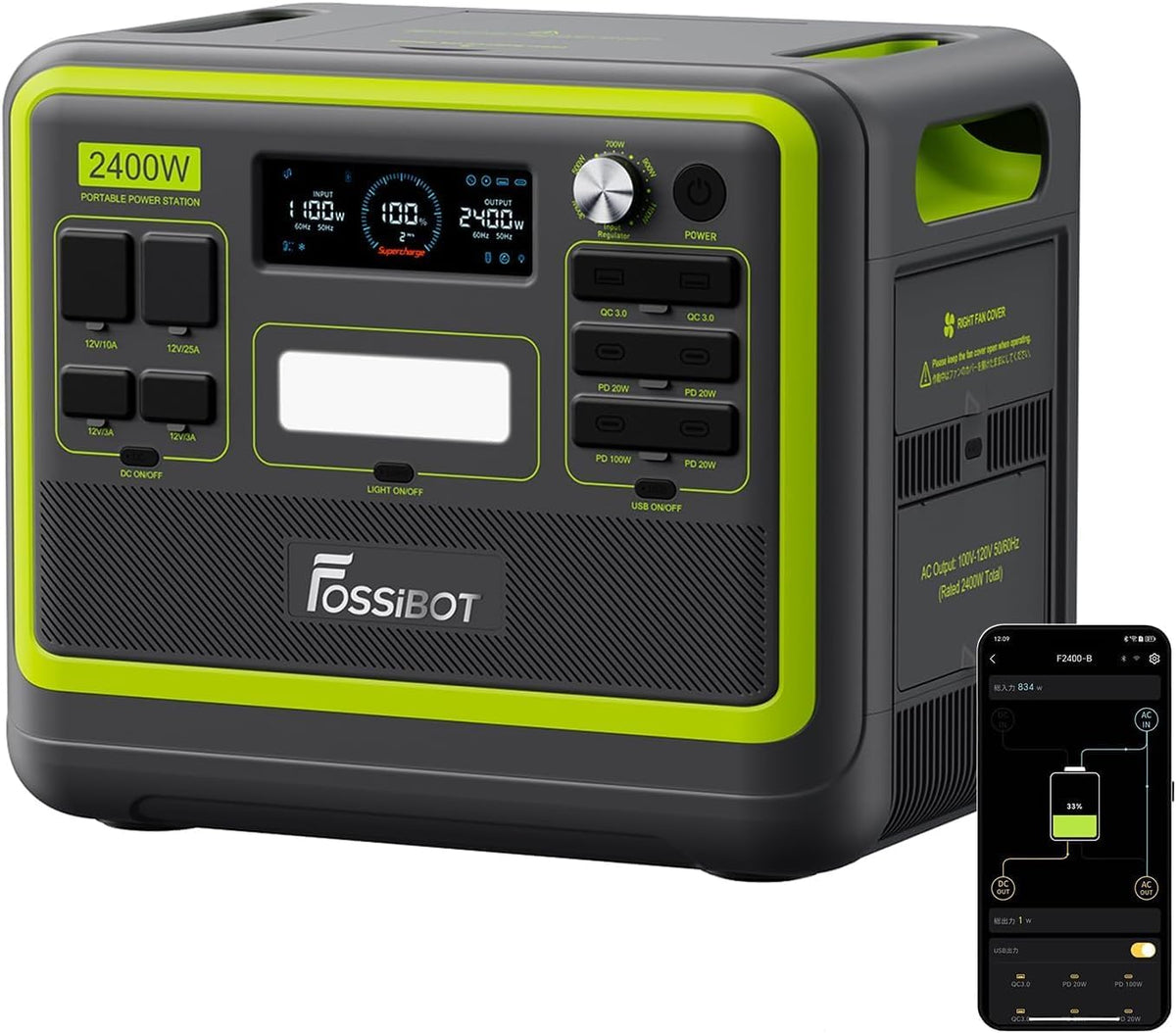 FOSSiBOT Powerstation, 2048 Wh, 2400 W, 4800 W, Schwarz/Grün, Solargenerator, F2400 Tragbare /640000mAh LiFePO4, 3x230 V AC Outputs ( Peak)