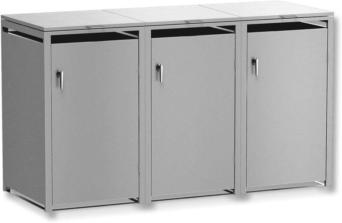 Metzler Mülltonnenbox, 240 L, Grau, 3er in aluminium, Mülltonnenverkleidung für 3 Tonnen abschließbar und mit, Müllbox rostfrei
